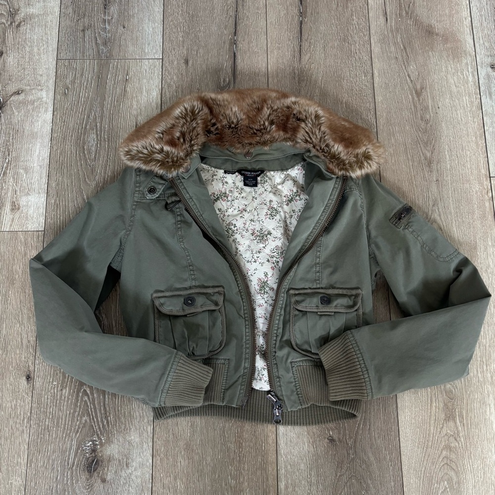 Vintage Guess Olive Green Bomber Jacket with Faux Fur Collar